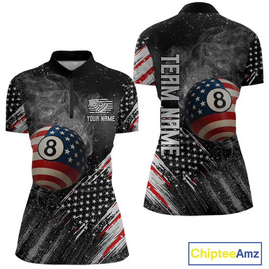 Personalized Grunge American Flag Women's Billiard Shirts Custom 8 Ball Pool Smoke Team Jerseys TDM4054