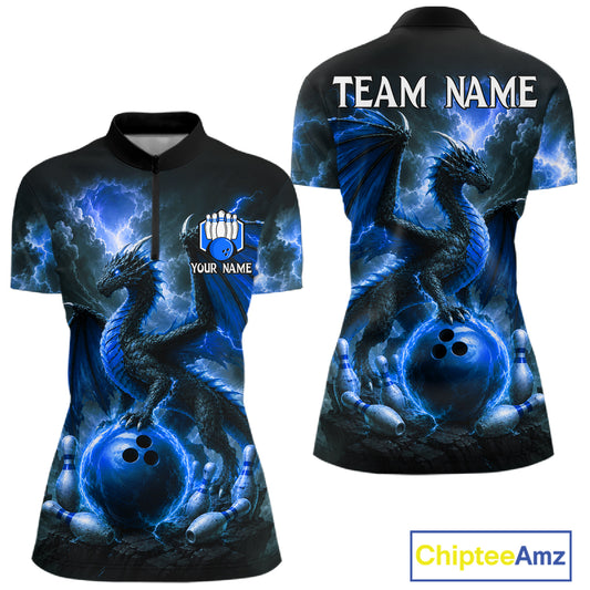 Personalized blue dragon bowling team jersey quarter zip shirt for women featuring detailed blue dragon artwork, premium custom bowling apparel.