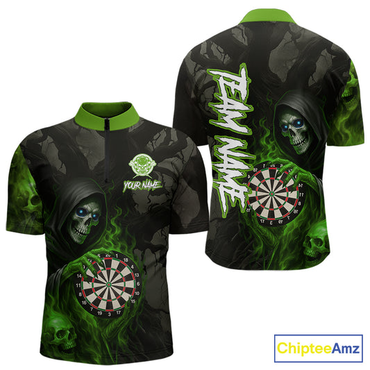 Green Grim Reaper Flame Darts Shirt For Men Custom Skull Darts Jersey Team Polo & Quarter Zip TDM5531