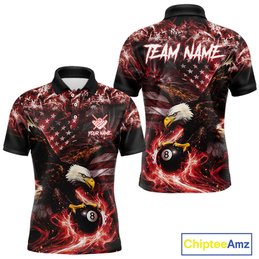 Red Flaming Eagle 8 Ball Billiard Shirt For Men Custom US Flag Pool Team Jersey Polo & 1/ 4 Zip TDM6154