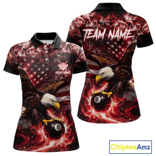 Red Flaming Eagle 8 Ball Billiard Shirt For Women Custom US Flag Pool Team Jersey Polo & 1/ 4 Zip TDM6154