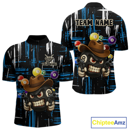 Personalized Blue Grunge Funny 8 Ball Billiard Shirt For Men, Pool Team Jersey Polo & 1/4 Zip TDM5286
