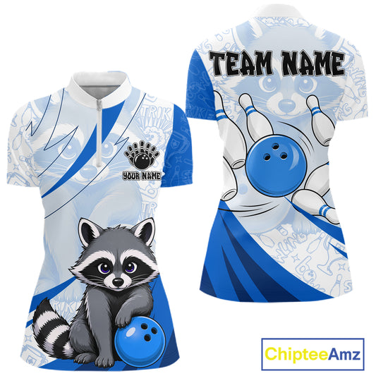 Custom Blue Funny Raccoon Bowling Jersey For Women Custom Bowling Shirts Team Polo & Quarter Zip TDM6593
