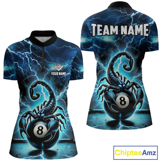 Blue Lightning Thunder Scorpion 8 Ball Pool Polo & 1/4 Zip For Women Custom Billiard Team Jersey TDM4861