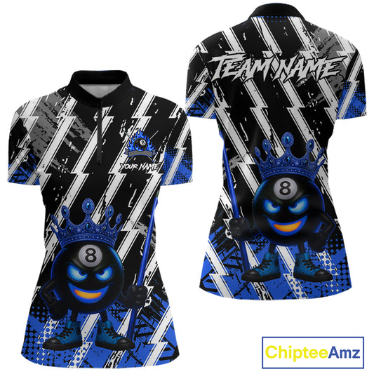 Funny 8 Ball Pool Crown Billiard Shirt For Women Custom Billiard Jersey Team Polo & 1/4 Zip |Blue TDM5082