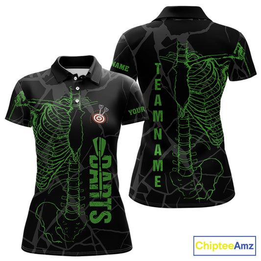Black And Green Funny Skeleton Darts Polo & 1/4 Zip Custom Darts Shirt For Women Darts Team Jersey TDM5799