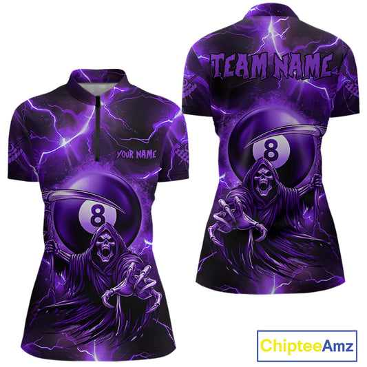 Purple Grim Reaper 8 Ball Women's Billiard Shirt Custom Thunder Lightning Halloween Pool Team Jersey TDM4874