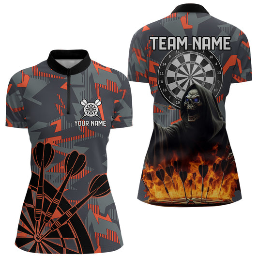 Personalized Grim Reaper Fire Camo Dart Shirts For Women Custom Camouflage Darts League Jerseys TDM3072