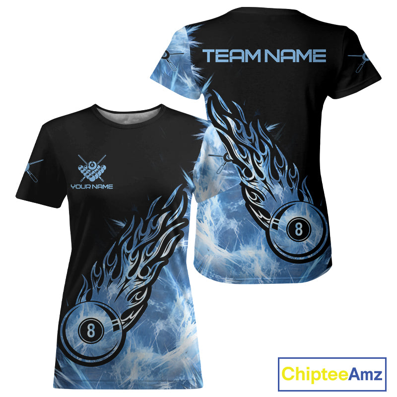 Black And Blue Flaming Icy 8 Ball Pool Billiard T-Shirt For Women Custom Billiard Team Jersey TDM5808