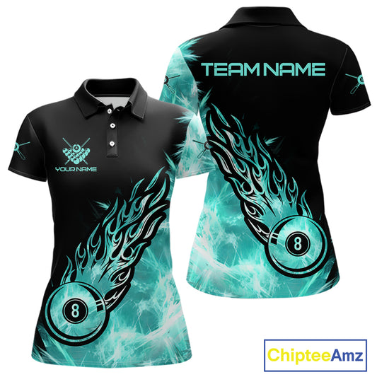 Black And Turquoise Flaming Icy 8 Ball Pool Billiard Shirt For Women Custom Billiard Team Jersey TDM5810
