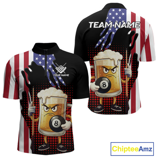 American Flag Funny Beer 8 Ball Billiard Shirt For Men Custom Patriotic Pool Team Jersey TDM5577