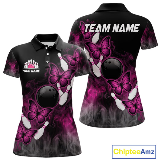 Pink Black Custom Butterfly Bowling Shirt For Women, Smoke Bowling Team Jersey Polo & 1/4 Zip Shirt TDM6423