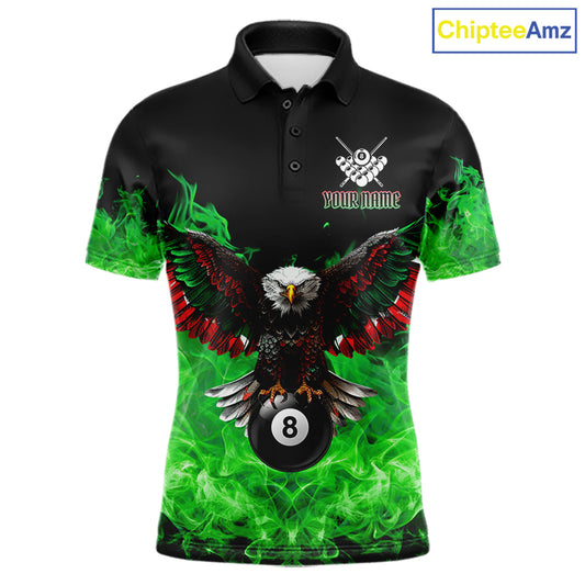 Custom green flame eagle skull billiard jersey for men designed for league and tournament play.