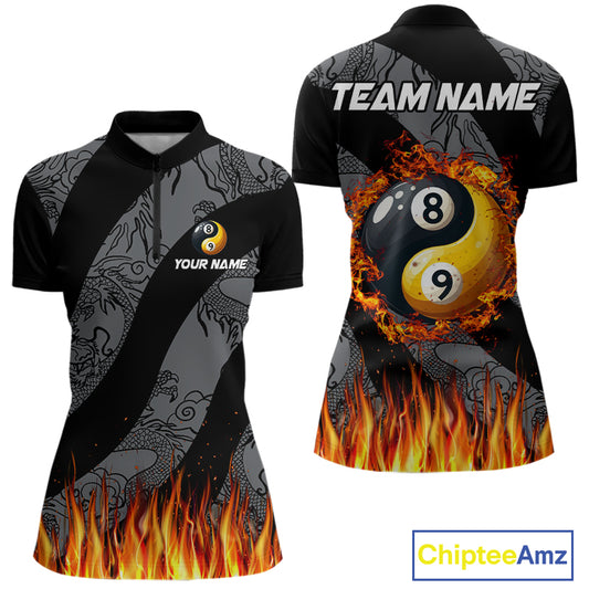 Personalized Flame Ying And Yang 8 Ball & 9 Ball Billiard Shirt For Women, Funny Pool Team Jerseys TDM4278