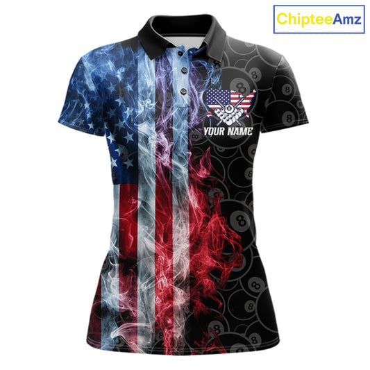Smoke American flag 8 ball billiard polo shirt for women, custom patriotic pool team jersey.