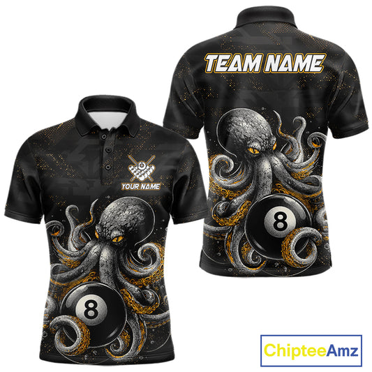 Funny octopus 8 ball custom billiard polo shirt for men with colorful ocean themed graphics.