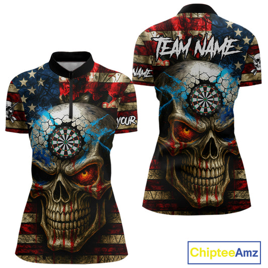 Personalized Vintage American Flag Skull Darts Shirt For Women, Patriotic Darts League Team Jersey TDM4708