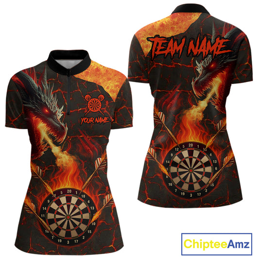 Personalized Fire Flame Dragon Darts Shirt For Women Custom Darts League Jersey Team Polo & 1/4 Zip TDM4902