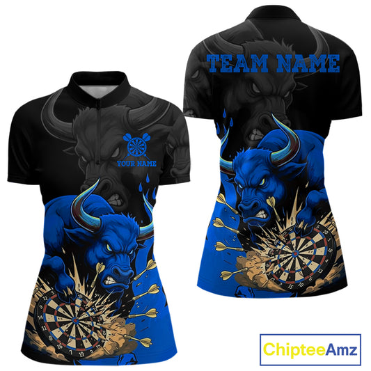 Black And Blue Funny Bull Darts Shirt For Women Custom Dart Jersey Team Polo & 1/4 Zip TDM5125