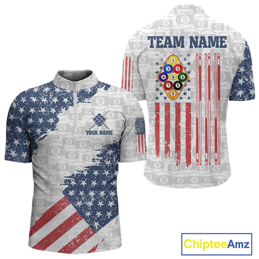 Grunge American Flag 9 Ball Billiard Shirt For Men Custom Patriotic Pool Team Jersey Polo, 1/4 Zip TDM5598
