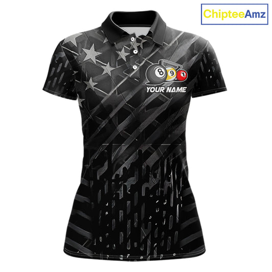 Black US Flag 8 Ball Pool Wings Billiard Shirt For Women Custom Billiard Team Jersey Polo & 1/4 Zip TDM5977