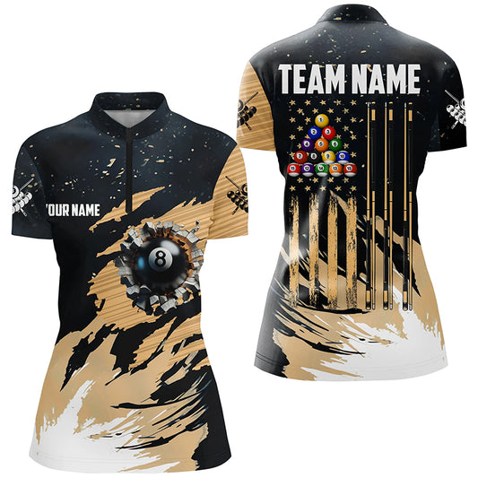 Customized Grunge American Flag 8 Ball Pool Women Billiard Shirts, Patriotic Pool Player Shirts TDM1721