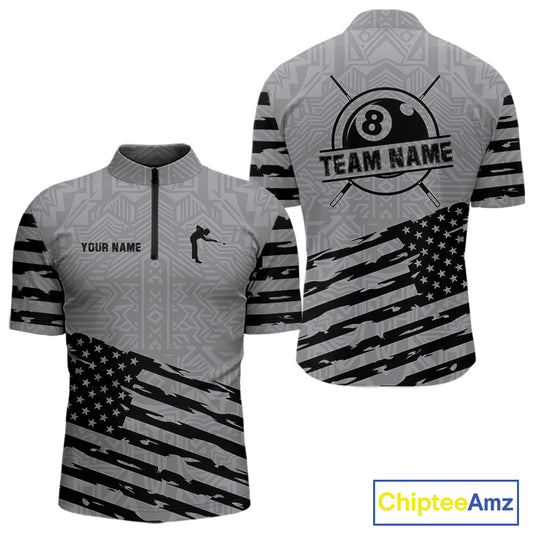 Personalized Grey US Flag 8 Ball Billiard Shirt For Men Custom Billiard Team Shirt, Pool Jerseys TDM4903