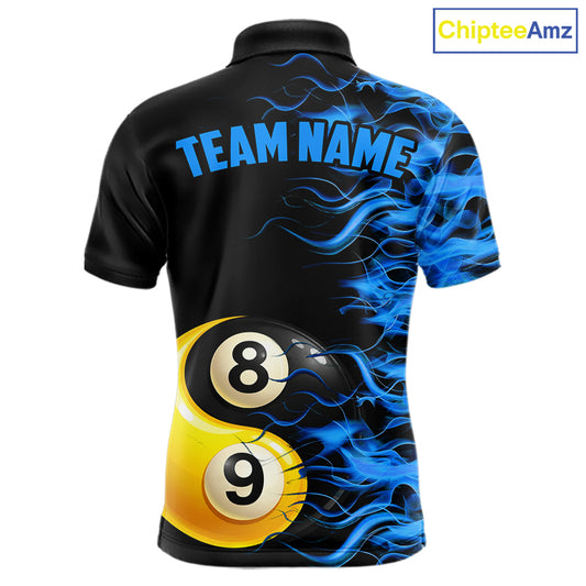 Blue Flaming 8 & 9 Ball Yin-Yang Billiard Shirt For Men Custom Pool Team Jersey Polo & 1/4 Zip TDM5984