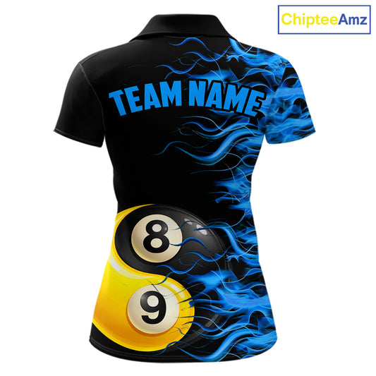 Blue Flaming 8 & 9 Ball Yin-Yang Billiard Shirt For Women Custom Pool Team Jersey Polo & 1/4 Zip TDM5984