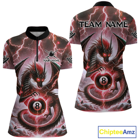 Personalized Thunder Lightning Dragon Billiard Shirt For Women, Red 8 Ball Pool Team Jersey TDM4481