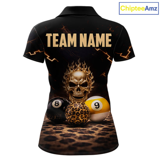 Black And Golden 8 Ball & 9 Ball Skull Billiard Shirt For Women Custom Leopard Pool Team Jersey TDM5997