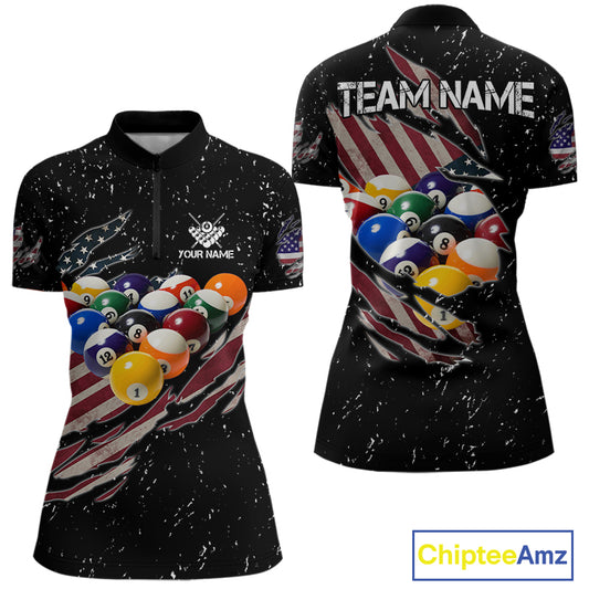 Patriotic American Flag Grunge Billiard Jersey For Women Custom Billiard Shirt Polo & 1/4 Zip |Black TDM3820
