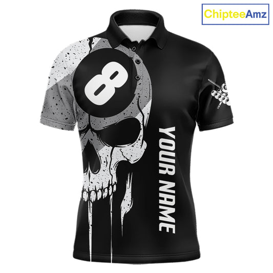 Personalized American flag 8 ball skull billiard pool team jersey polo shirt for men, custom 8 ball pool league apparel and billiard tournament jersey.