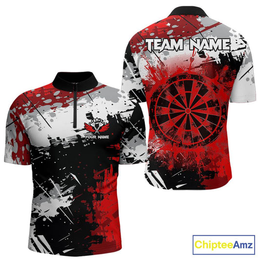 Red Grunge Paint Splash Dart Shirts For Men Custom Darts Jersey Team Polo & Quarter Zip TDM5352
