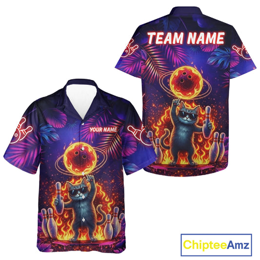 Custom Funny Cat Flame Bowling Hawaiian Shirt For Men Women, Personalized Tropical Bowling Jersey TDM6454
