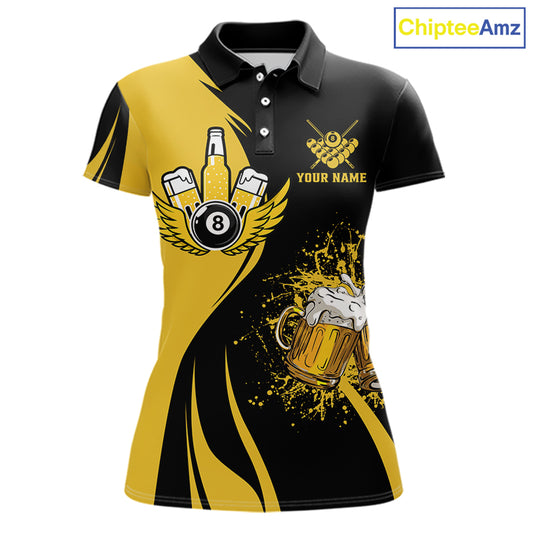 Yellow and black 8 ball billiard polo shirt for women with funny beer themed graphics and casual league style.
