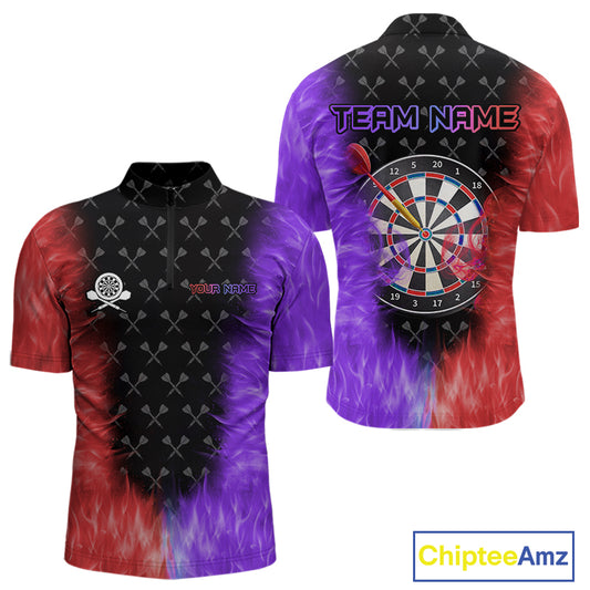 Red And Purple Flame Mens Dart Shirts Custom Dart Jersey Polo & 1/4 Zip, Gifts For Dart Players TDM5146