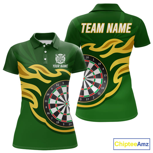 Personalized Green Dartboard Flame Gold Darts Shirt For Women, Darts Jersey Team Polo & 1/4 Zip TDM5872