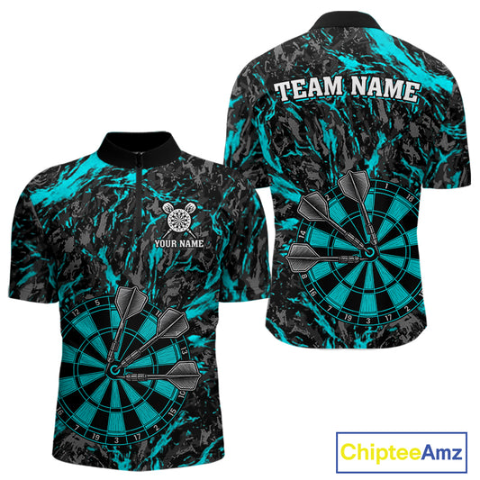 Custom Black And Blue Grunge Camo Dart Shirts For Men, Camouflage Dart Team Jersey Polo & 1/4 Zip TDM3960