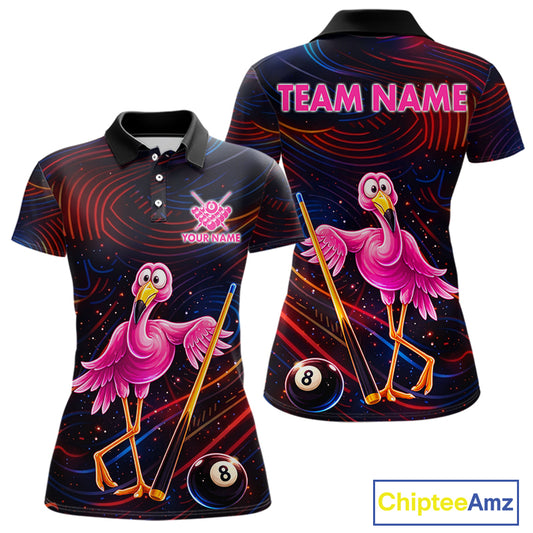 Funny Neon Flamingo 8 Ball Pool Billiard Shirt For Women Custom Billiard Team Jersey Polo & 1/4 Zip TDM6256