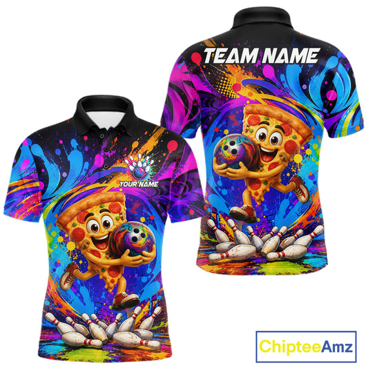 Funny pizza colorful bowling team jersey polo shirt for men featuring a fun pizza bowling design, premium custom bowling league apparel and best bowling gifts.
