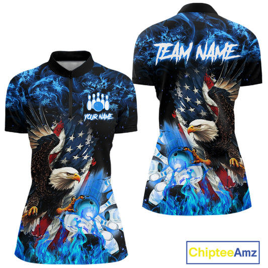 Blue flame American flag eagle bowling team jersey quarter zip shirt for women featuring a patriotic eagle and American flag design, premium custom bowling league apparel.