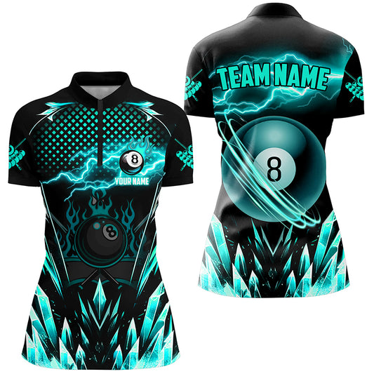 Custom Turquoise Icy Lightning 8 Ball Pool Women Polo & Quarter-Zip, Billiard Team League Jersey TDM2671