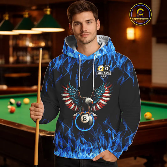 Blue Flaming American Flag Eagle 8 Ball & 9 Ball Pool Hoodie Custom Billiard Hoodie Team Jersey TDM5652