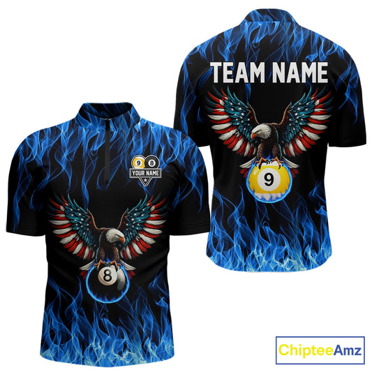 Blue Flaming American Flag Eagle 8 Ball & 9 Ball Billiard Shirt For Men Custom Pool Team Jersey TDM5652