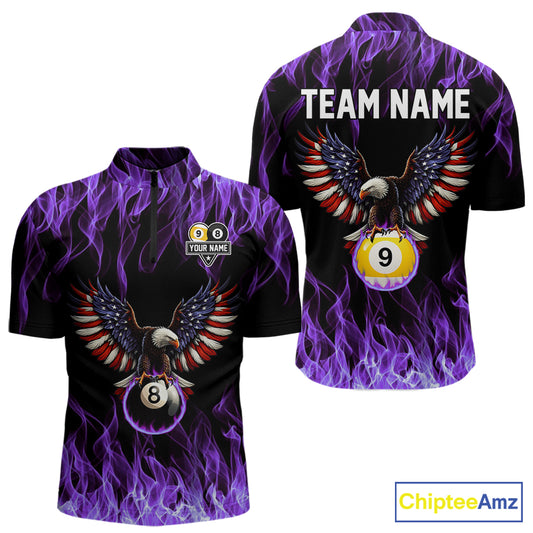 Purple Flaming American Flag Eagle 8 Ball & 9 Ball Billiard Shirt For Men Custom Pool Team Jersey TDM5653