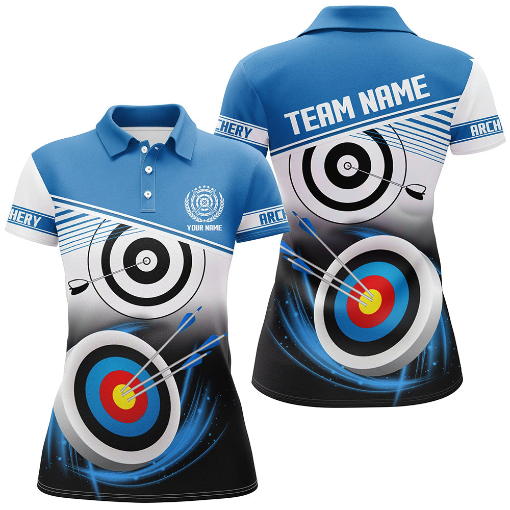 Personalized Name Archery Polo Shirts For Women Custom Blue Archery 3d Target Shirts, Archery Uniform TDM0529