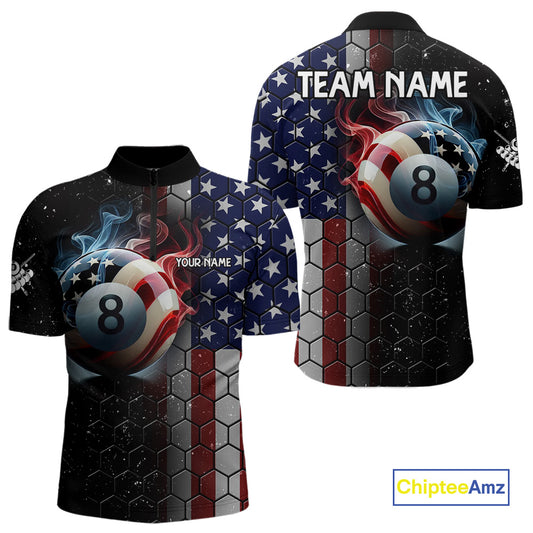 Custom Billiard Jersey For Men, 8 Ball Pool Shirt With American Flag, Billiard Polo & 1/4 Zip Shirt TDM3867
