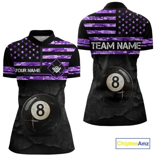 Customized Retro 8 Ball Pool Purple Camo US Flag Billiard Shirt For Women, Patriotic Billiard Jersey TDM4331