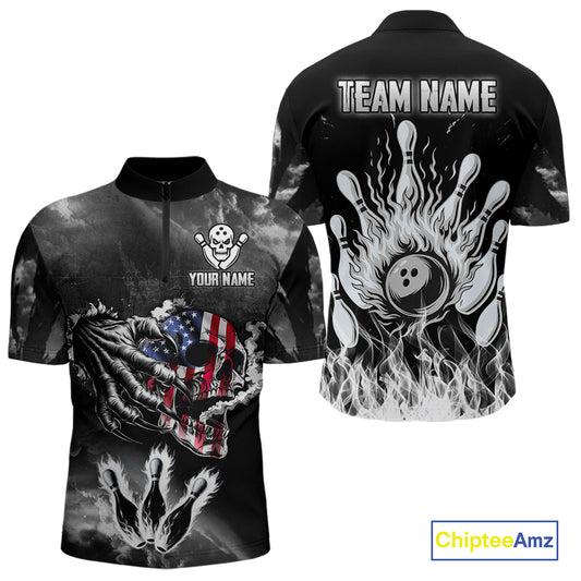 Black And White Flaming American Flag Skull Bowling Shirt For Men Custom Fire Bowling Team Jersey TDM4752